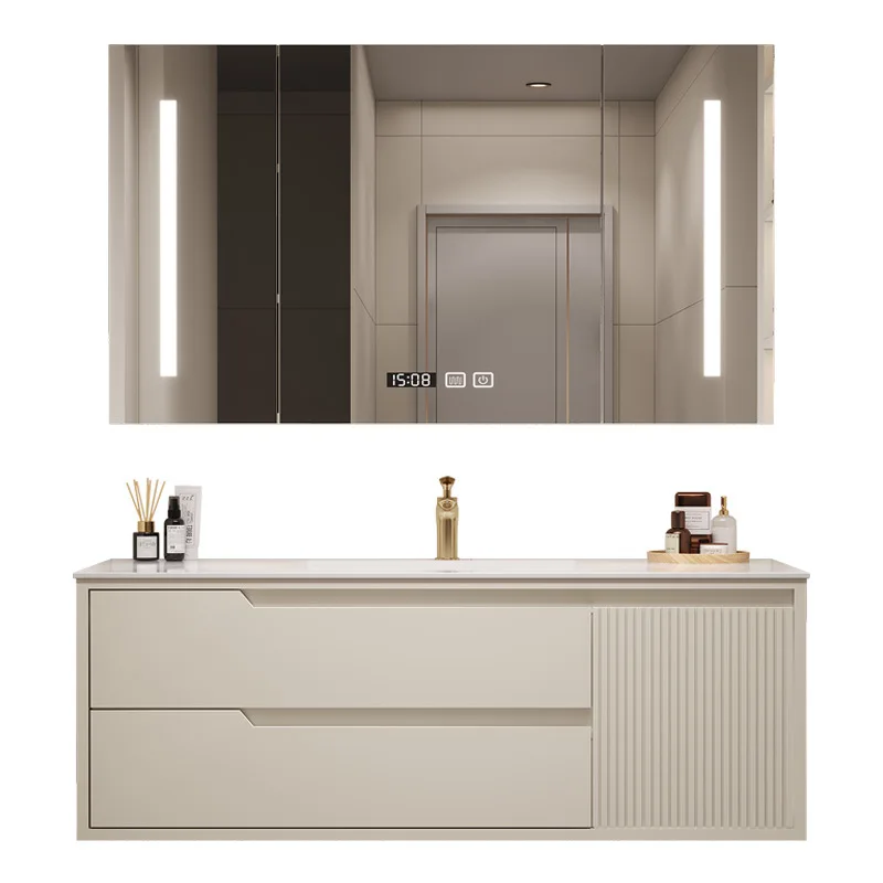 

Modern Floating Hotel Solid Wood Bathroom Cabinet Mirror Dresser with Slate Washbasin