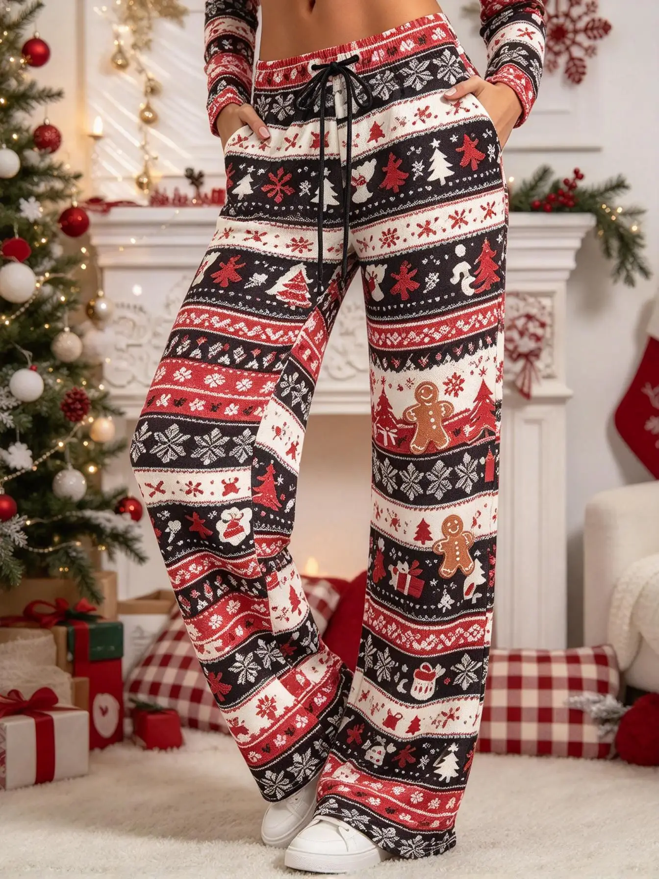 Ladies Low Rise Wide Leg Pants Xmas Fair Isle Striped Gingerbread Graphic Print Soft Fleece Casual Party Trousers