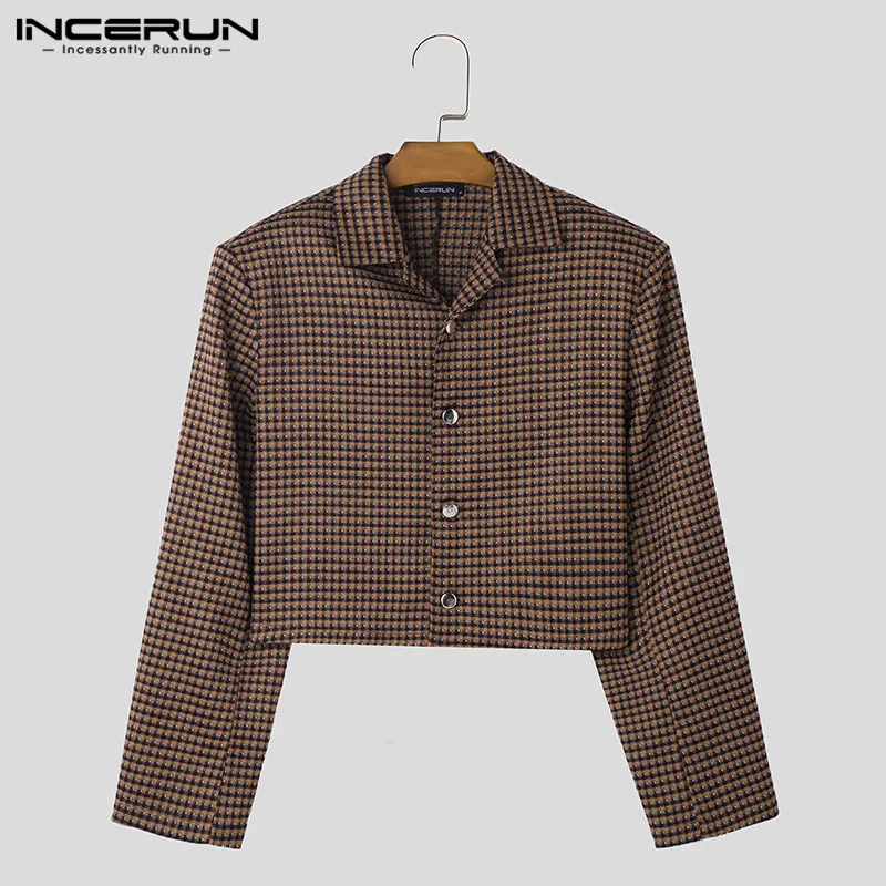 2024 Men\'s Jackets Plaid Lapel Long Sleeve Button Fashion Casual Male Crop Coats Spring Streetwear Thin Jackets S-5XL INCERUN