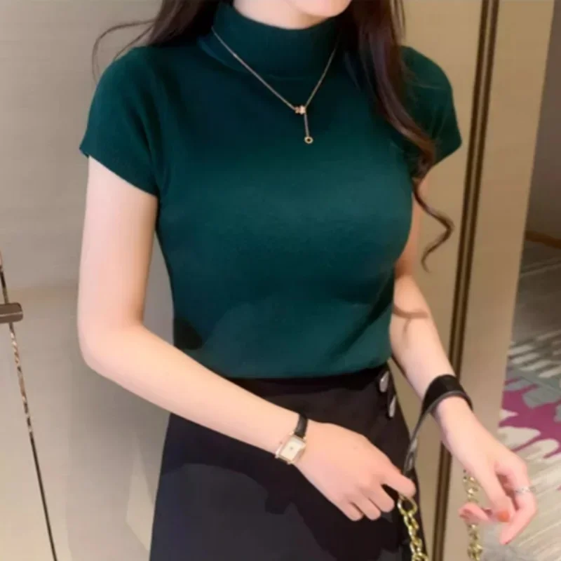 Korean style ice silk half-high neck base t-shirt for women, thin short-sleeved sweater, slim-fitting top for women's image 2