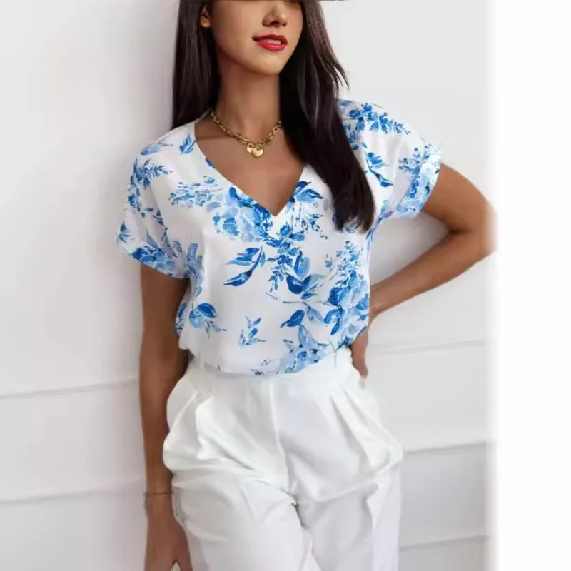 

Casual Summer Short Sleeve Pleated Patchwork Blouse Elegant Office Lady Solid Chic Shirt Harajuku Y2k Slim Tops Streetwear