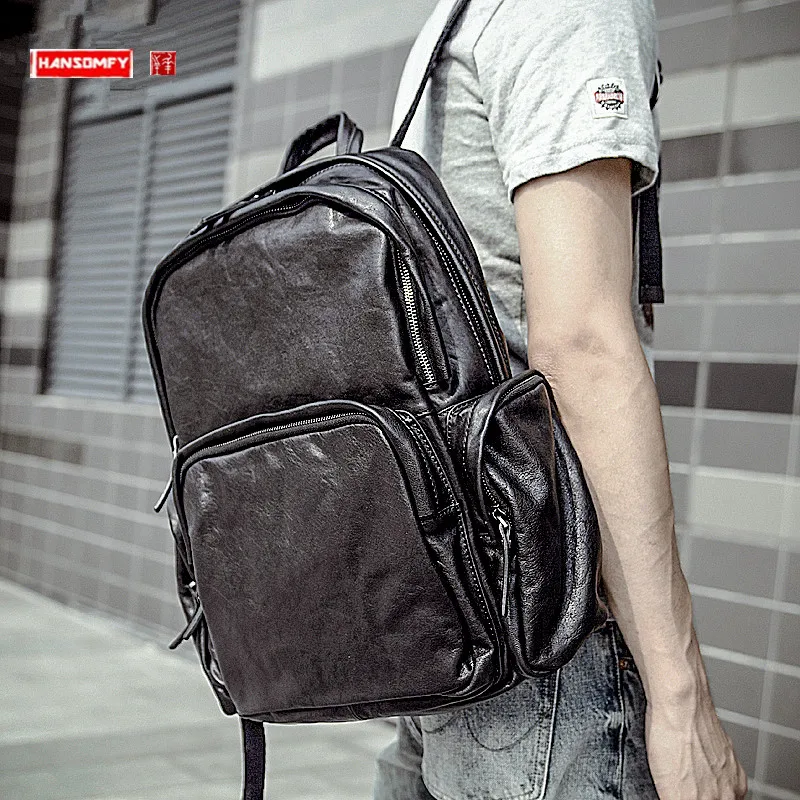 Genuine Leather Men's Backpack Large Travel Backpack Computer Bag Cowhide laptop Bag Casual Retro soft black Backpacks