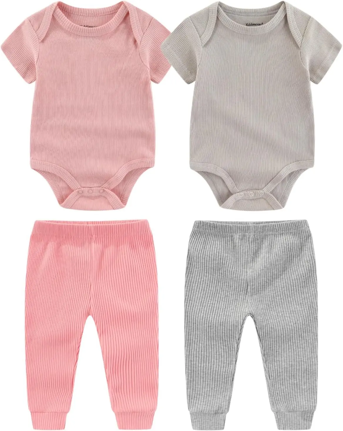 

4-Piece Solid Color Newborn Unisex Layette Set 0-12 Months Baby Boy Girl Bodysuits+Pants Infant Short Sleeve Trousers Outfits