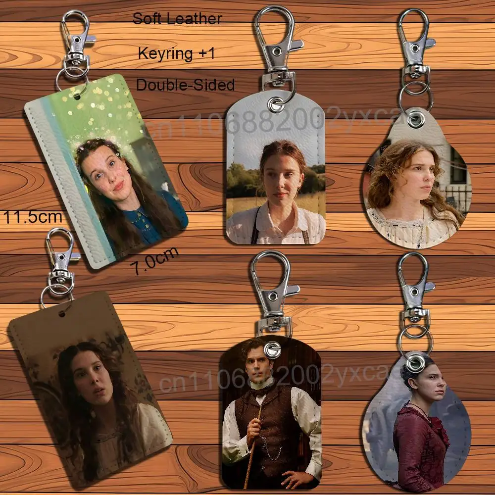 Mystery adventure Enola Holmes Rectangle ID Card Case Keychain Access Card Bag Key Tag Ring Leather Card Holder Key Ring Access