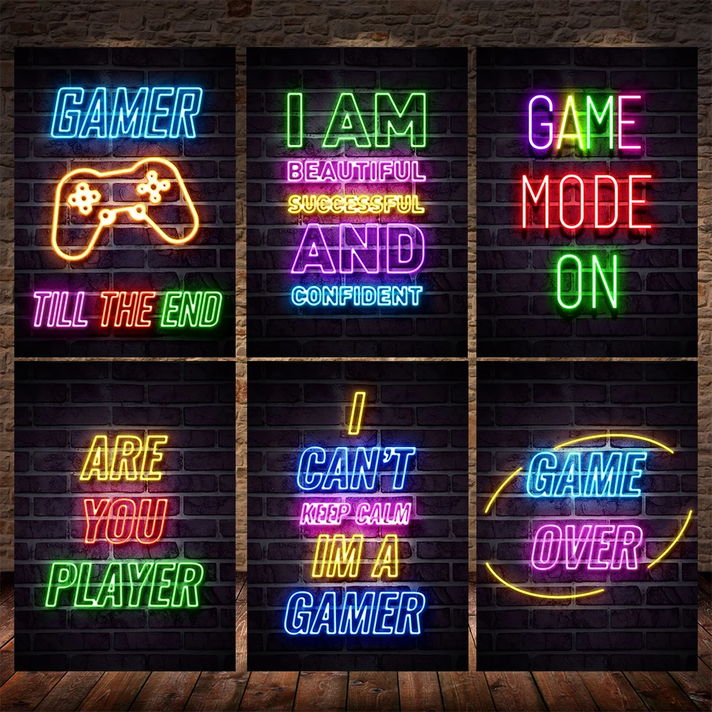 

Nordic Neon Quotes Gaming Art Canvas Painting Eat Sleep Game Repeat Posters Prints Wall Picture for Kids Boys Room Decor