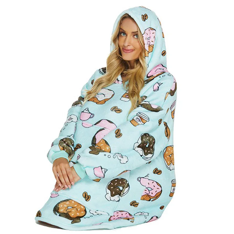 Sweet Doughnut Print Hooded Nightgown Bigsize Casual Long Sleeve Bathrobe Gown Thicken Flannel Nightwear Women Blanket Sleepwear