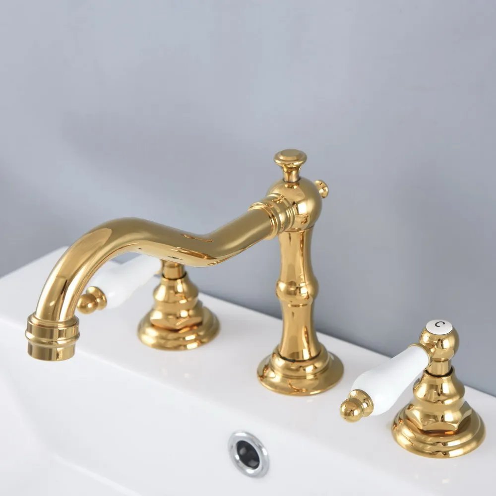 Imagem -05 - Gold Color Brass Widdifundido Dual Handle Faucet Lavatório do Banheiro Torneiras Misturadoras Deck Montado Furos Torneira Pia do Lavatório Anf982