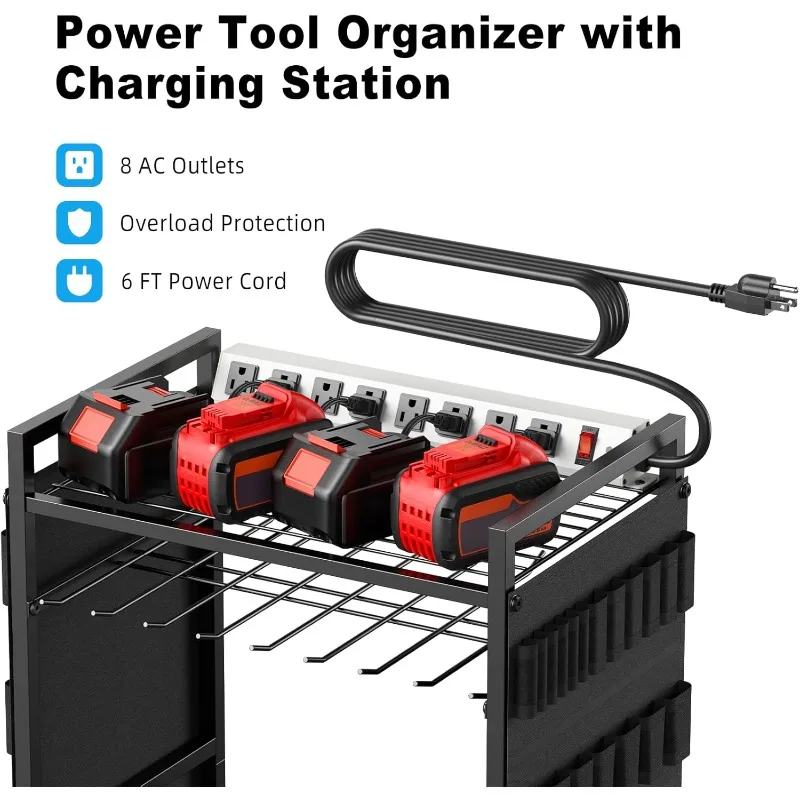 Large Power Tool Organizer Cart with Charging Station, Garage Floor Standing Rolling Drill and Tools Battery Storage Cart