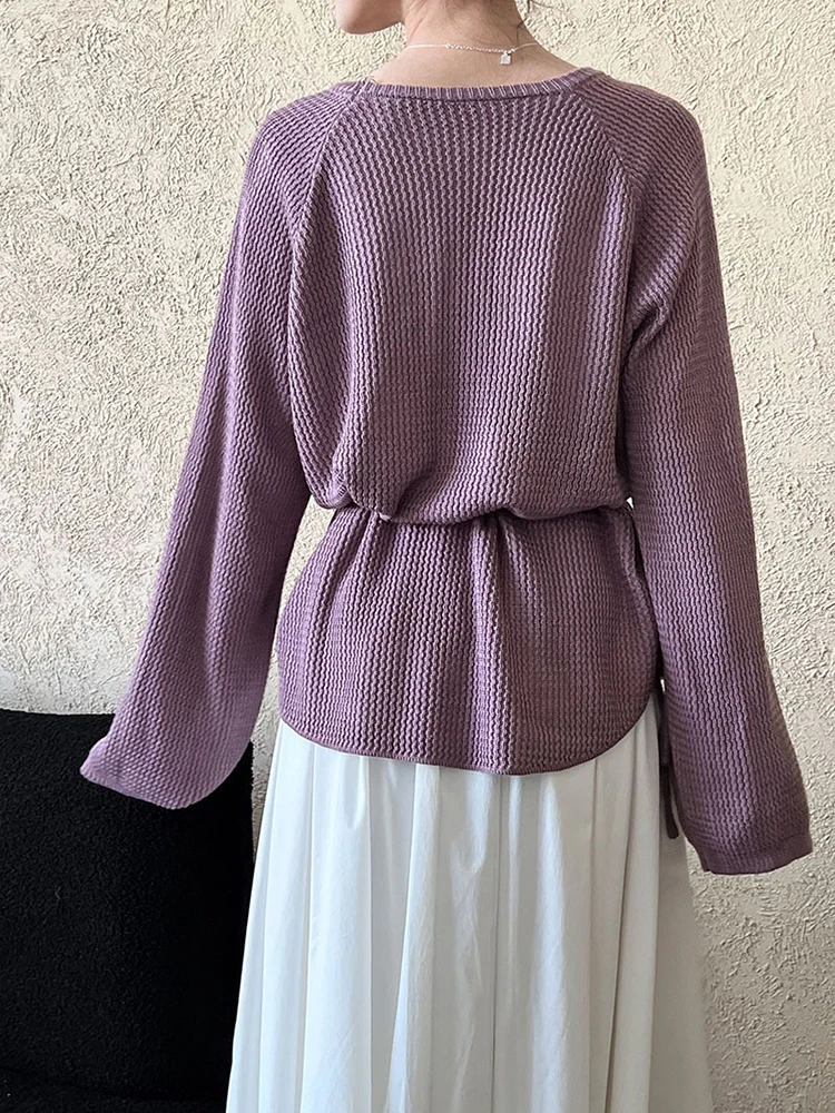 [EAM] Beige Hollow Out Big Size Knitting Sweater Round Neck Long Sleeve Women Pullovers New Fashion Spring Autumn 2024 1DH6778