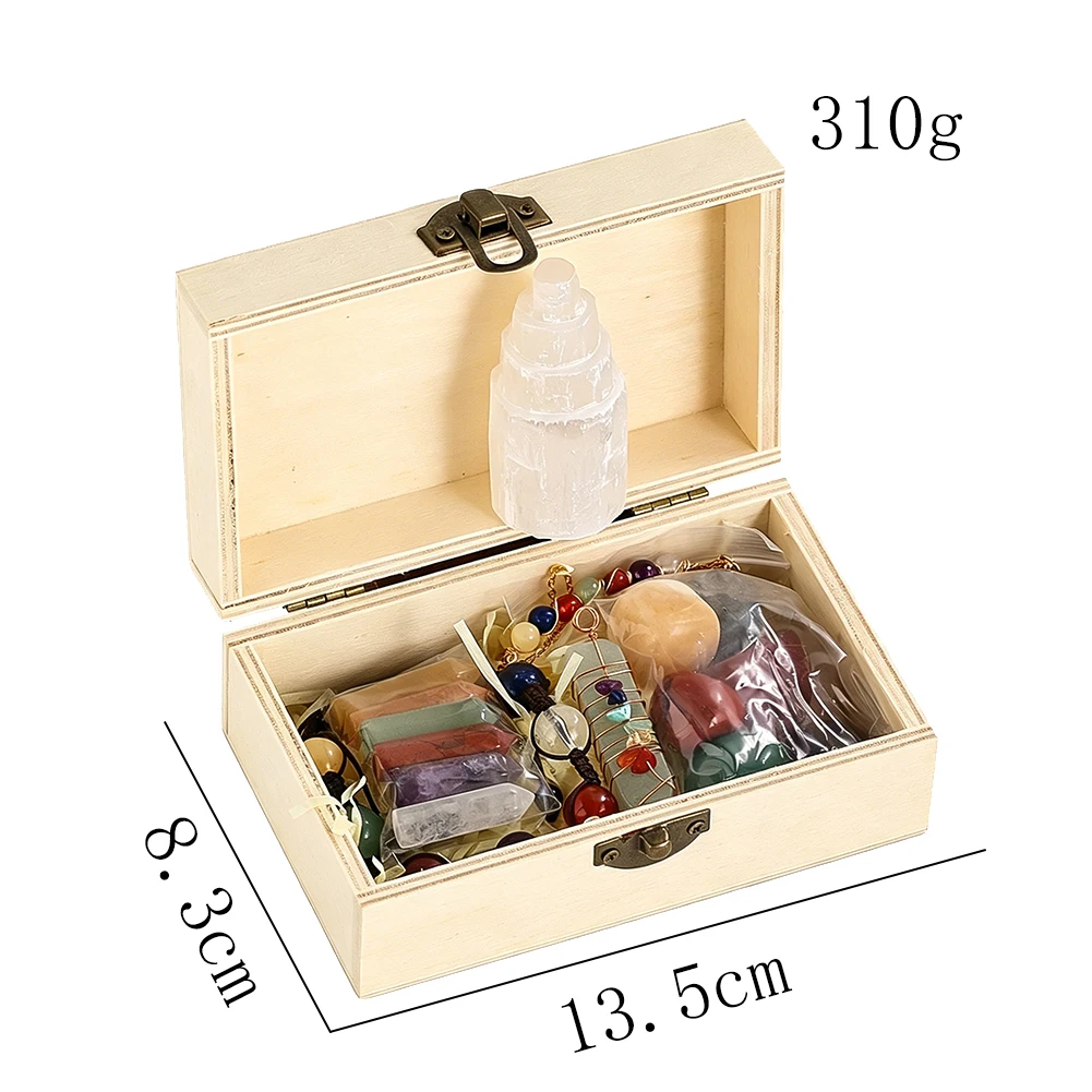7 Chakra Kristallstein-Set mit Holzbox, Doppelspitzenstab, Trommelstein-Armband, Pendel, Yoga-Meditation, Heilkristall-Geschenk – Detail 6
