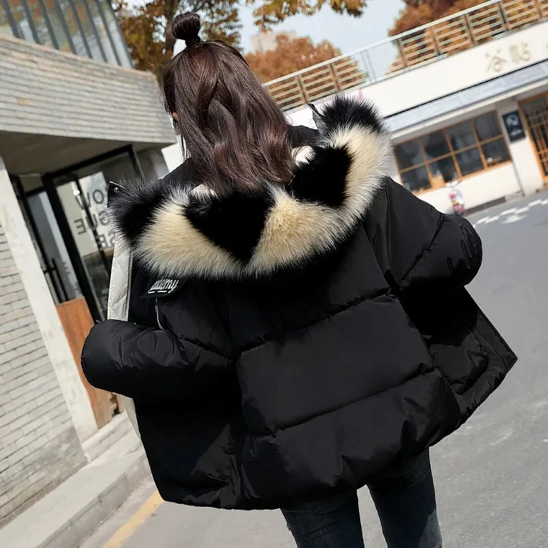 

2025 Winter New Thicken Down Cotton Jacket Women's Big Hairy Collar Hooded Short Coat Female Warm Cotton Snow Parker Overcoat