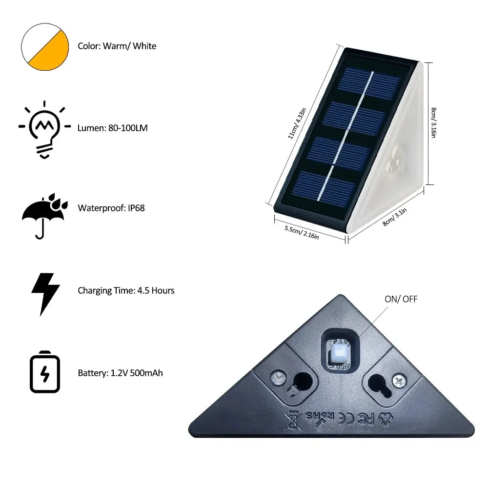 Solar-Stufenleuchten für den Außenbereich, warmweiß, RGB-Dreieck, IP67, wasserdicht, automatische Dekoration, Deckleuchten für Terrasse, Hof, Auffahrt, Veranda