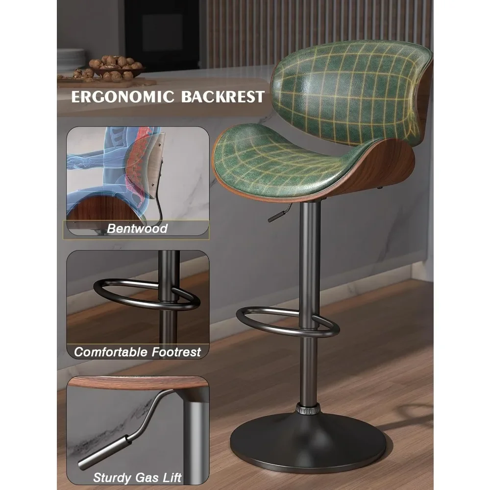 Bar Stools, Bentwood Adjustable Height Swivel Bar Stools, PU Leather Upholstered Bar Chair