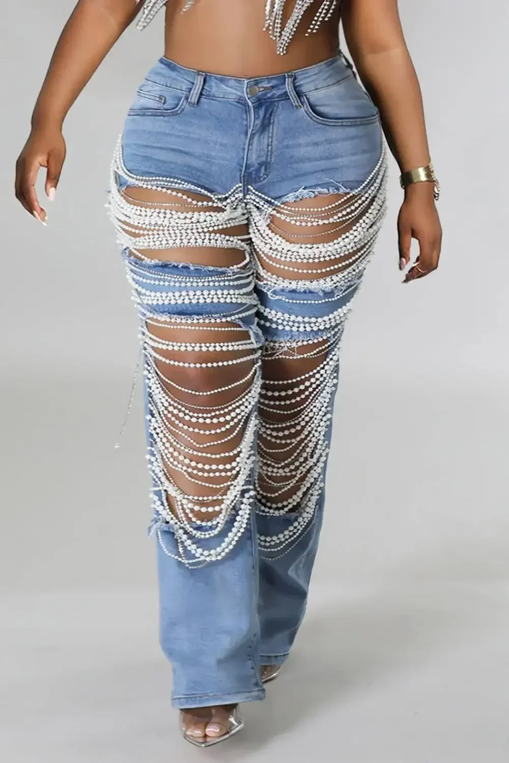 

Plus Size Women Pearls Jeans High Waist Cutout Vintage Y2K Streetwear Slim Denim Trousers Casual with Pockets