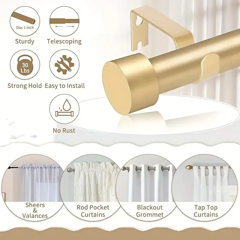 1-Diameter Adjustable Gold Metal Curtain Rod, extending from 18 to 120 inches. Sturdy with modern end cap finials.  Easy install