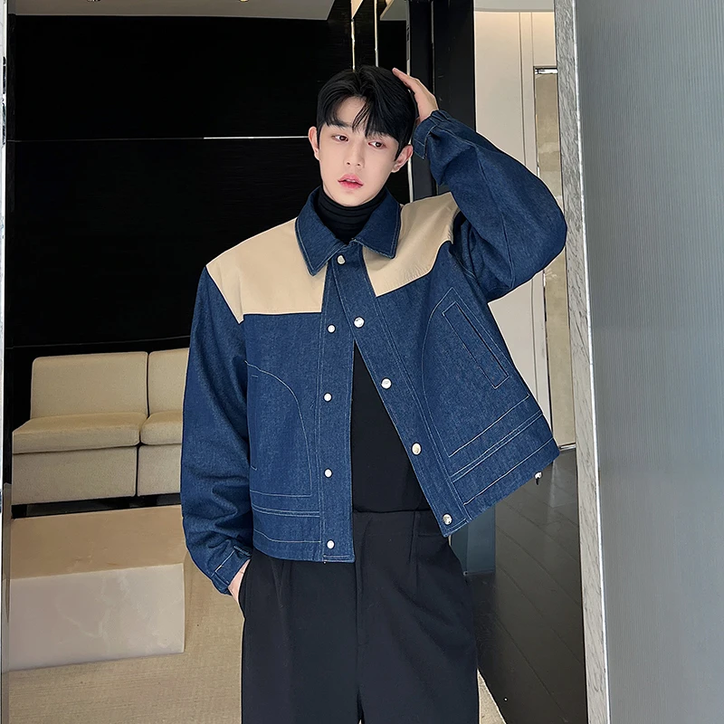 

Ретро-рабочая джинсовая куртка с пэчворком, мужская, в корейском стиле, высококачественная, на одной пуговице, верхняя одежда для молодежи