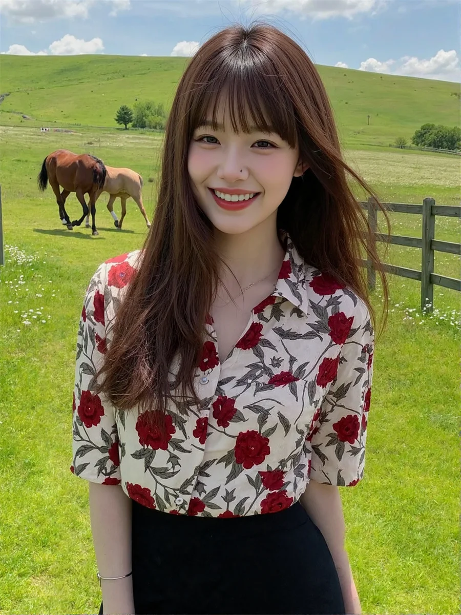 

Elegant Blouses For Women Red Flower Print Short Sleeve Tie Neck Striped Autumn Cropped Plus Size White Lady Formal Basic Chic