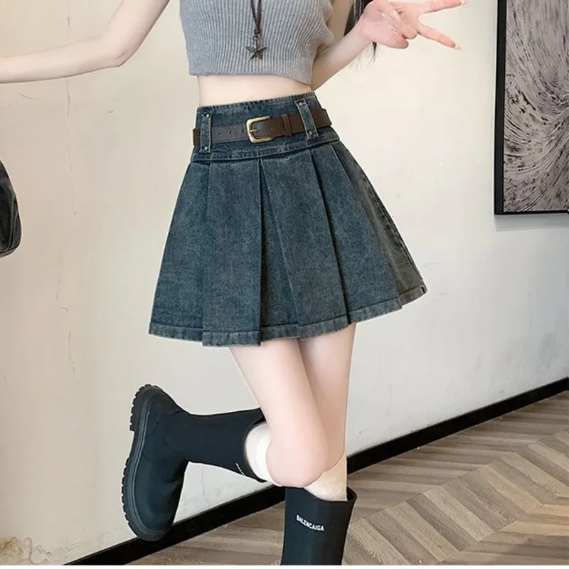 Vintage Blue Denim Pleated Skirts For Women Summer Korean Fashion High Waist A-line Skirt Short Black Woman Clothing Trendy 2024