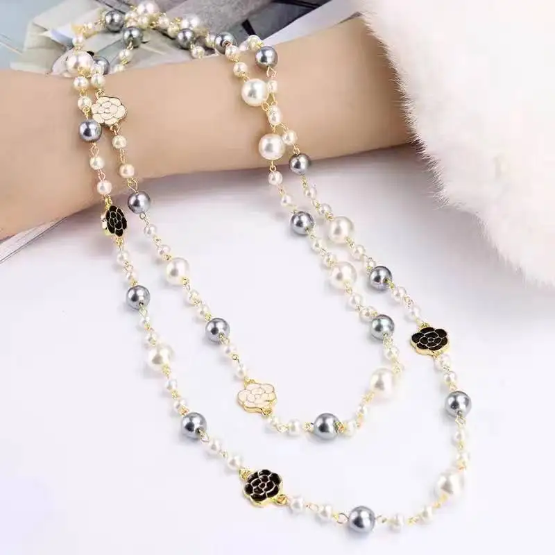 2024 New Simulated Pearl Long Necklace For Women Classic Rose Sweater Chain