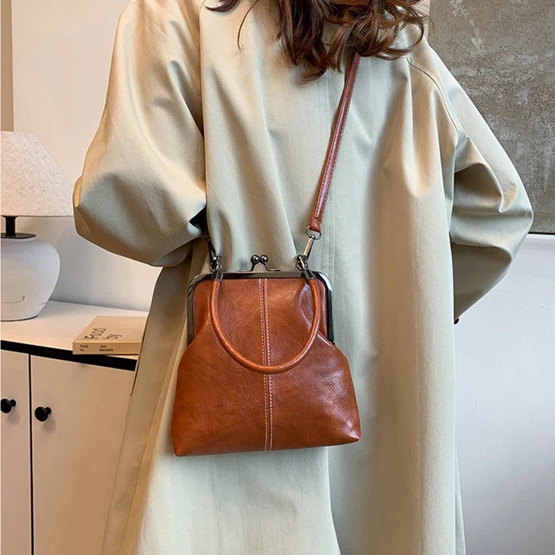 Elegante Clip Lock Umhängetasche Große Kapazität PU Leder Umhängetasche Einfarbig Retro frauen Kleine Handtasche – Detail 11