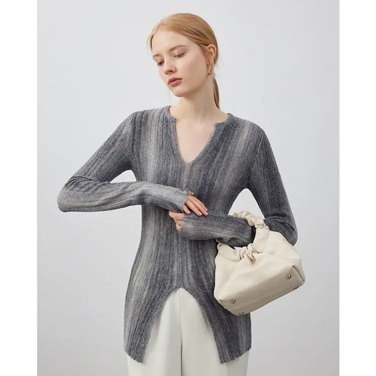 Winter Casual Long Sleeve Women Tie Dye Sweater Minimalist Slim V Neck Split Knit Pullover Ladies Clothing Tops 2023