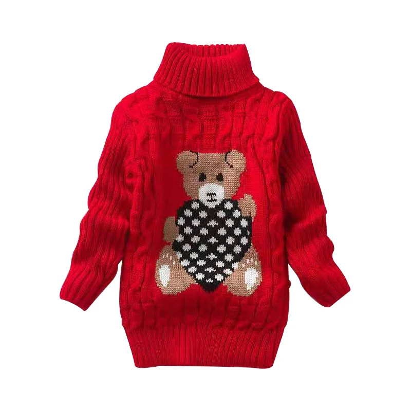 2024 new Children's Sweater Autumn/Winter Boys Girls Knitted Cartoon Bear High Collar Shirt Youth Warm Sweater1-14Y