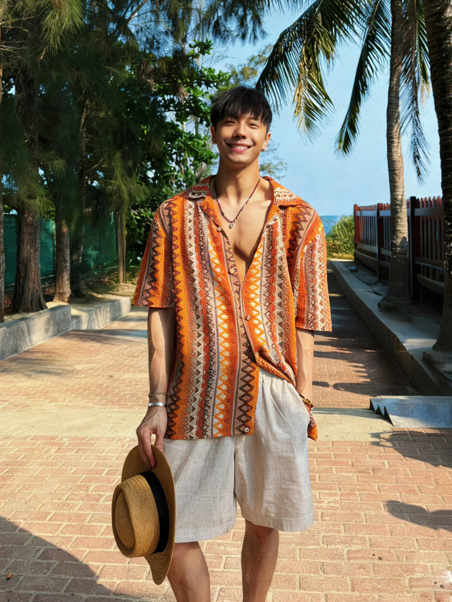 

Cuba Collar Knitted Short Sleeve Shirt Men Summer Casual Beach Style Orange Red Loose Fit Shirt Youth Popular Daily Wear