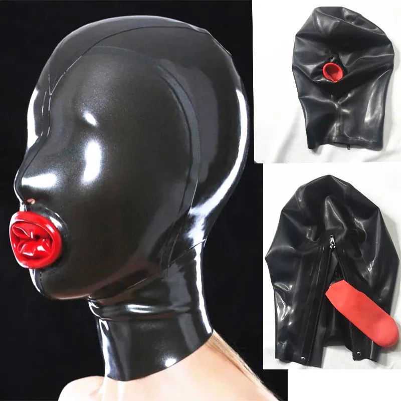 Full Covered 0.4mm Thickness Natural Bdsm Latex Hood Bondage with Red Inner Condom Cosplay Costumes