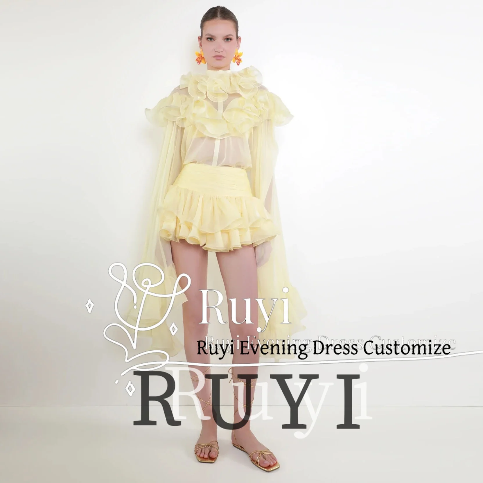 

Customized High Neck Ruffles Sweet Evening Dresses For Special Occasion Long Sleeve Mini Above Knee Prom Dress Formal Gown