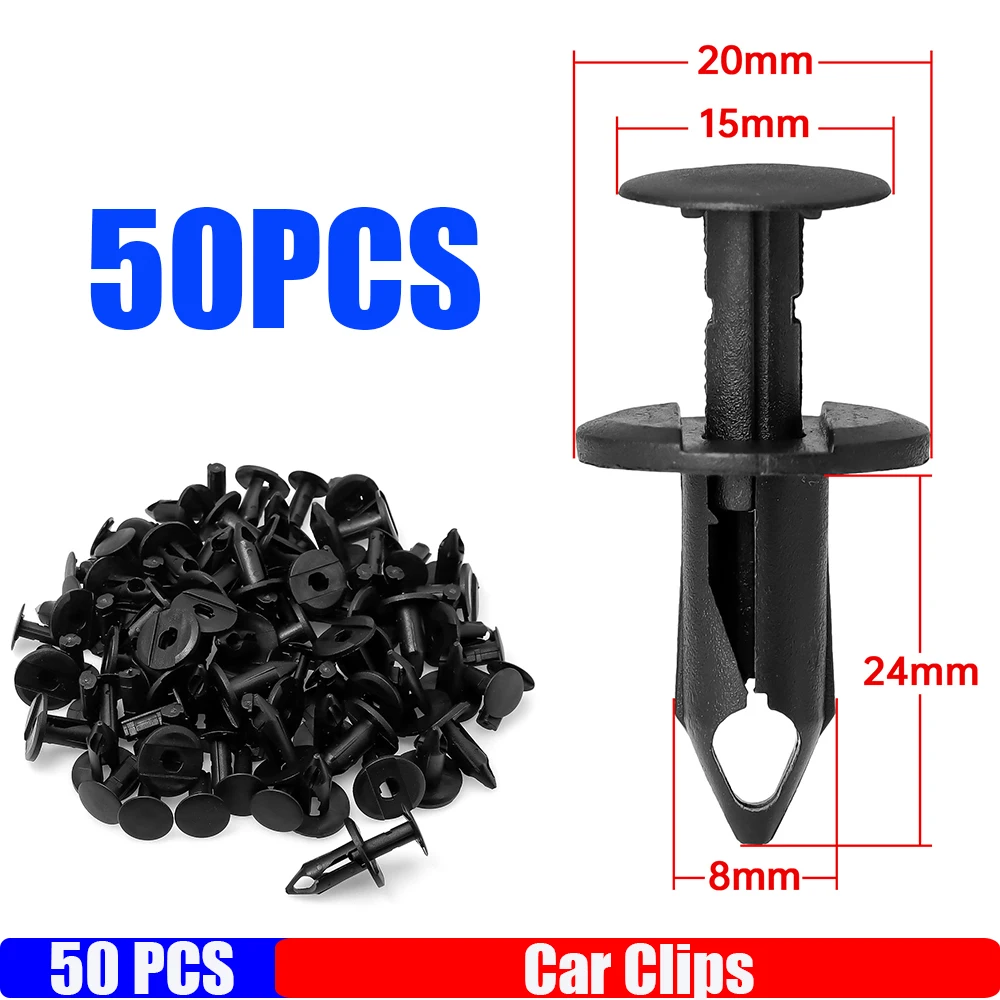 50 SZT. 8mm Klipsy Mocujące do Samochodu Zestaw Plastikowych Złączek Samochodowych Klipsy do Paneli Tapicerki Czarne Zestawy Nitów do Karoserii Samochodowej Zamienniki Kołków Zatrzaskowych