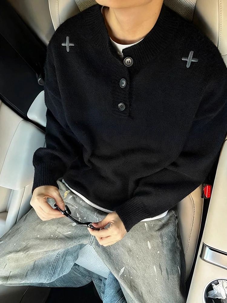 

Мужской трикотажный джемпер с вышивкой и воротником хенли, с длинным рукавом, базовый слой, зимний, повседневный, комфортный крой, мягкий материал