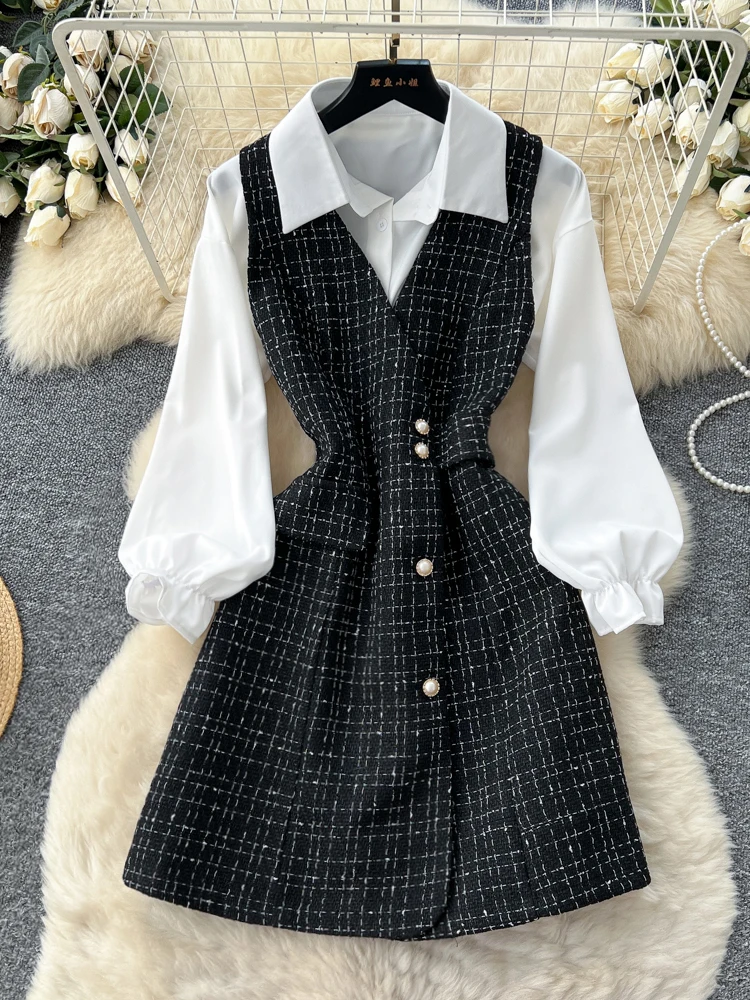 

Ele Plaid Dr with Bubble Sve irt Комплект для женщин Высокая талия на пуговицах Svel Faionable Осенний наряд