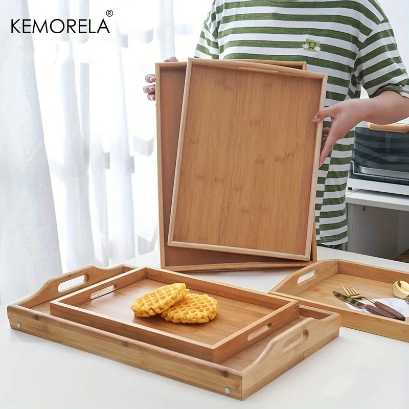 Bamboo Wooden Rectangular Tea Tray Solid Wood Tea Cup Trays Hotel Dinner Plate Storage Utensils With Handles Elegant Tableware