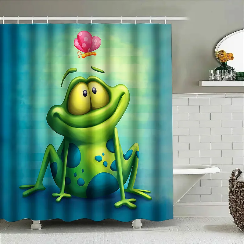 Cartoon Frog Pattern Waterproof Mold-proof Shower Curtain Cute Creative Bathroom Accessory for Home Use with  Complimentary hook