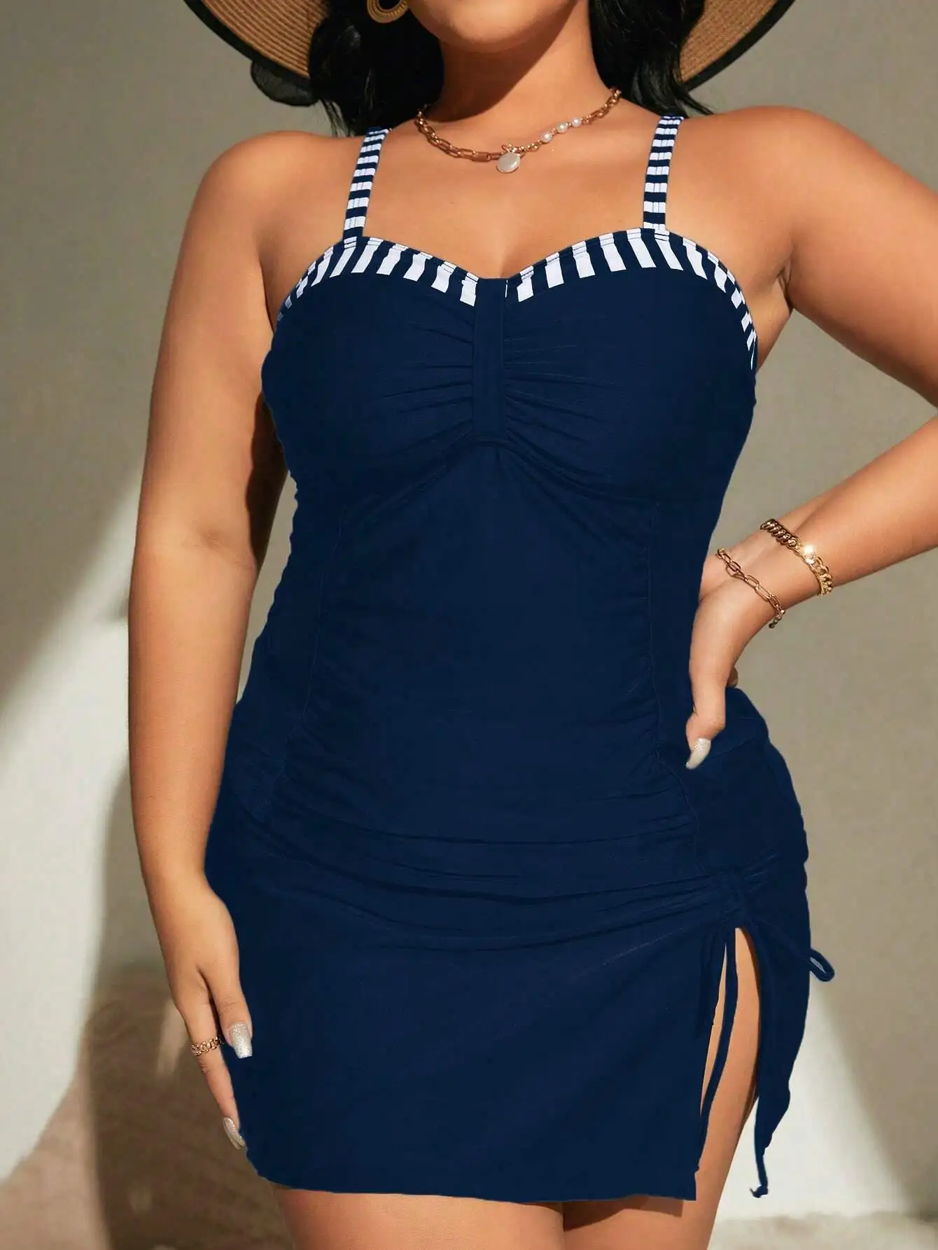 

Plus Size Ruched Striped Tankini Set For Beach Vacation