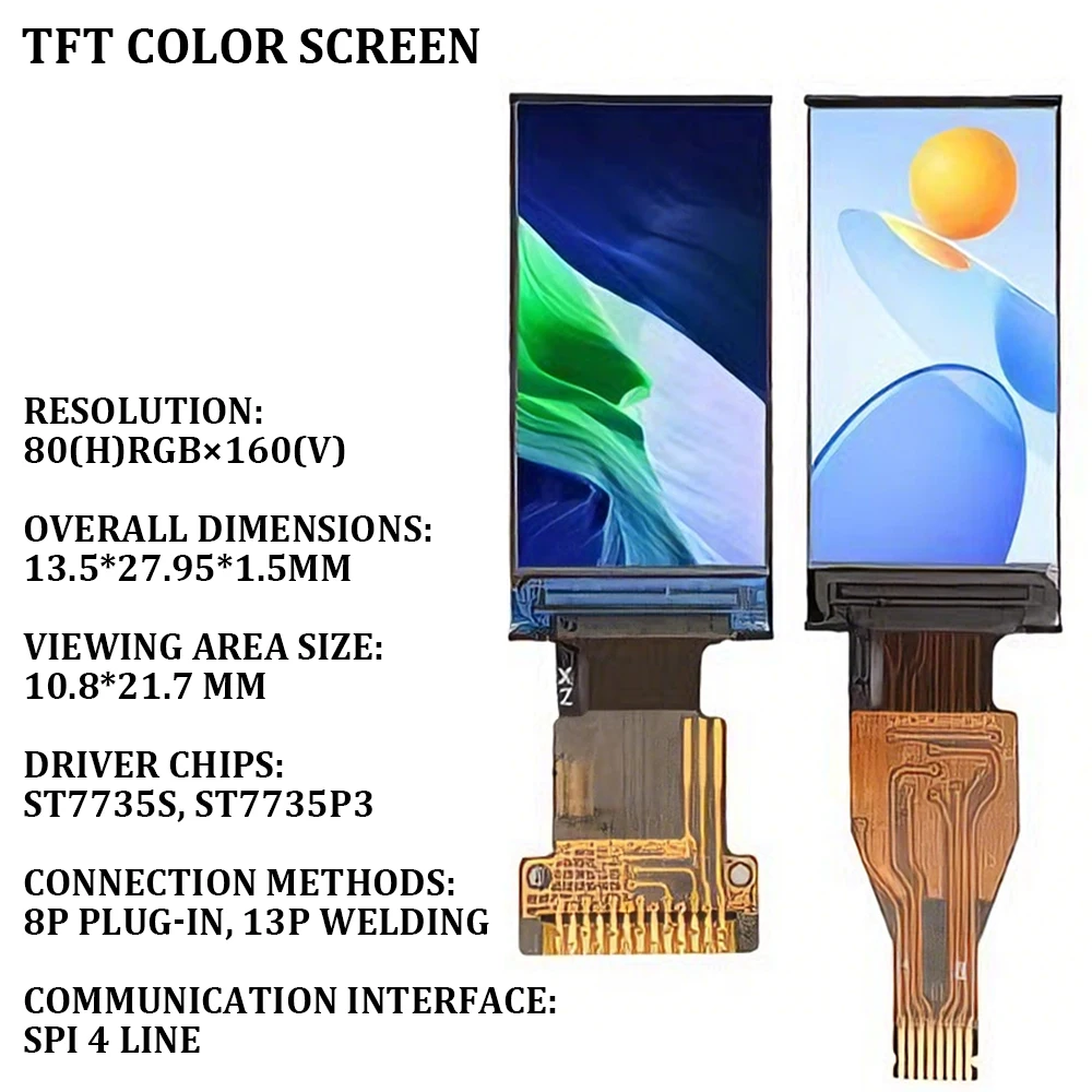 0.96 Inch TFT White LED Screen 80x160 Full View Color Display SPI 4-Line Interface ST7735S/ST7735P3 Driver 8P/13P