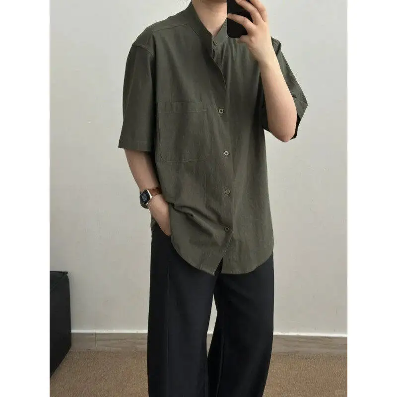 

Loose Fit Men's ort Sve irt Summer Breathable Cool Bamboo Cotton Stand Collar f Sve ket irt Casual Wear