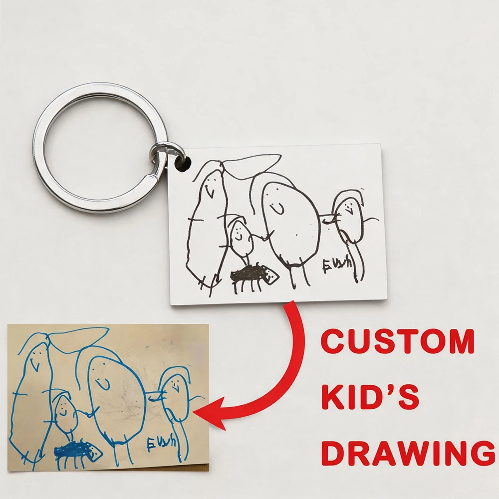 Personalisierter Schlüsselanhänger mit Kinderzeichnung, graviert, aus Edelstahl, als Geburtstagsgeschenk für Kinder.