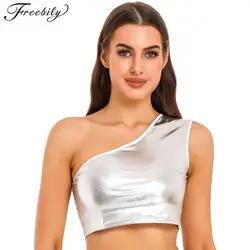 Sexy One Shoulder Crop Top Women Summer Fashion Sleeveless Tanks Metallic Shiny Vest Tops for Dance Performance Party Clubwear