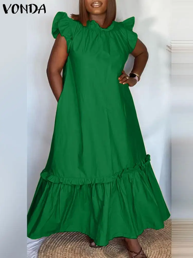 

Plus Size 5XL VONDA Elegant Women Maxi Dress 2024 Bohemian Short Sleeve Summer Ruffled Sundress Casual Solid Satin Long Vestidos