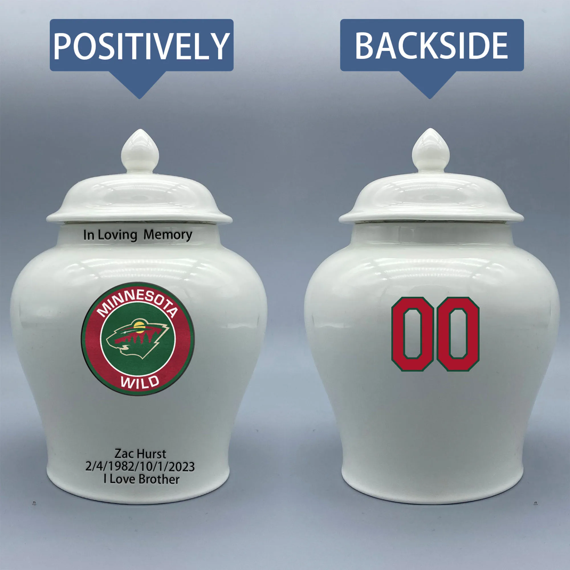 

Medium Urn for Minnesota Wild-themed Hockey Urn.Please send me the customize information-name/date and number on the urn