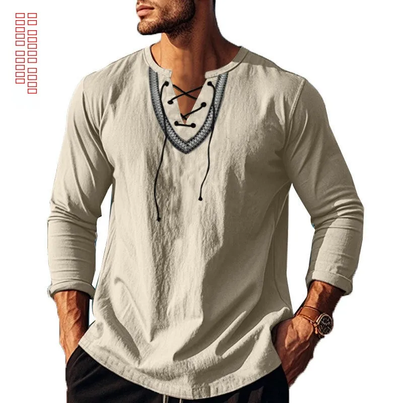 

Loose Fit Long Sleeve Cotton Linen Casual Shirt Stand Collar Vintage Ethnic Style Spring Autumn Men's Fashion Comfortable Shirt