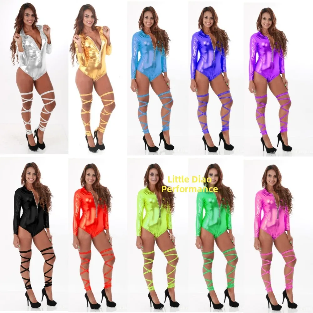 

Сексуальный сценический костюм с длинными рукавами, глубоким V-образным вырезом, металлической молнией, поясом и золотистой отделкой Feng Tang, с кольцом на ногу