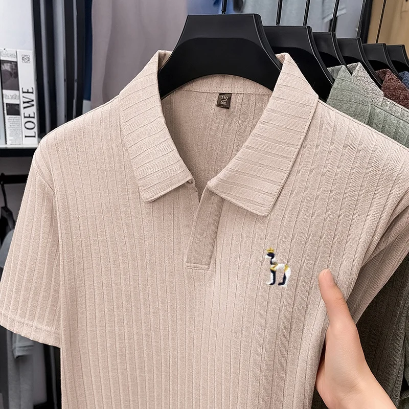 High Quality Summer New Men Short-Sleeved Knitted Shirt V-Neck Dog Embroidery Old Money Style Tops Casual Fashion Men's Clothing