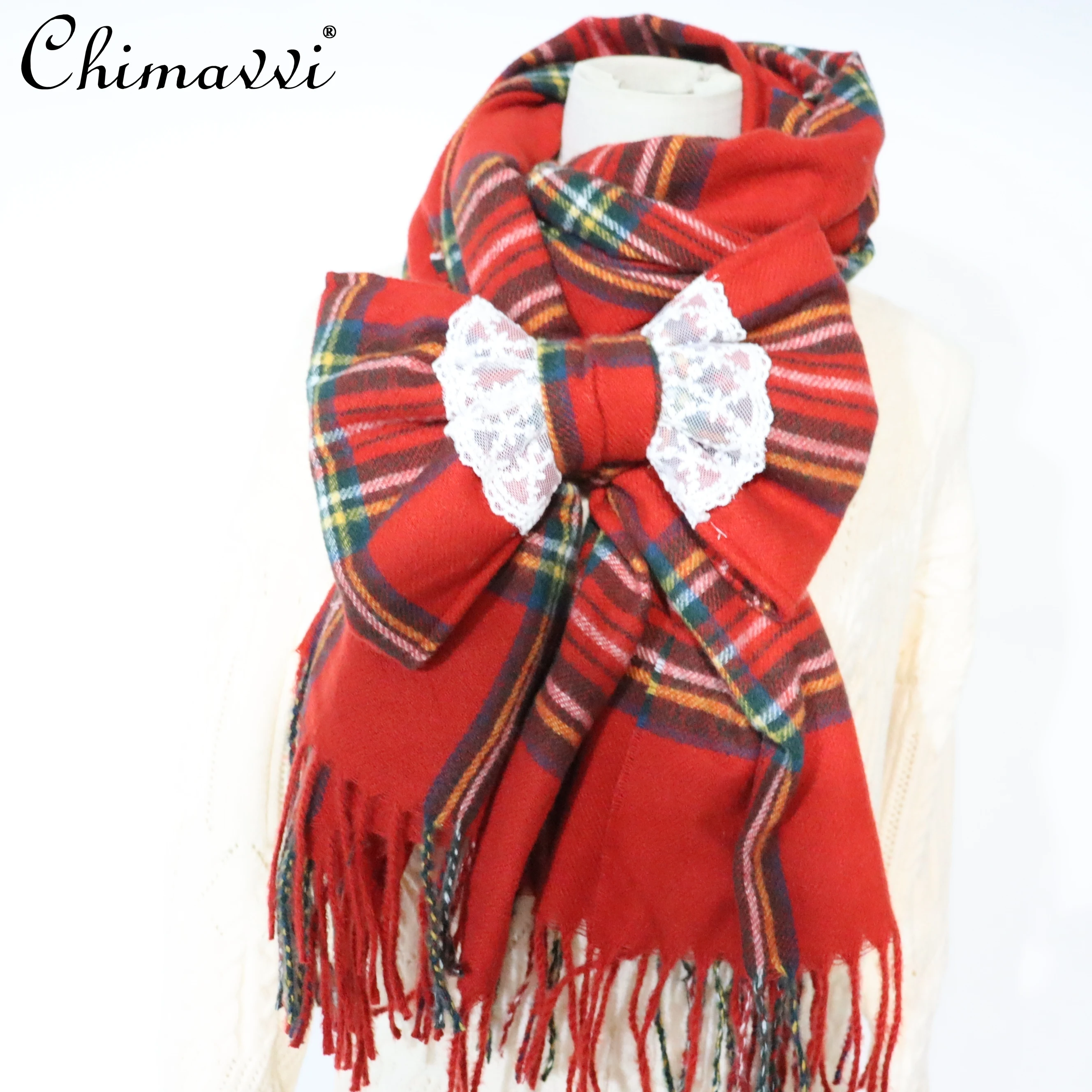 

Шарф с милым бантом в стиле Лолиты, осенне-зимний клетчатый милый платок для девочек, красный студенческий кавайный универсальный женский шарф в японском стиле