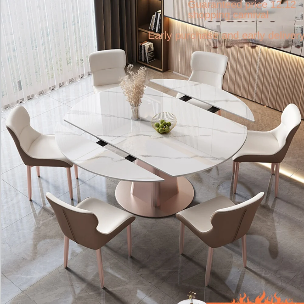 

Luxurious rock plate dining table and chair combination Modern simple household small-sized rotary telescopic variable round