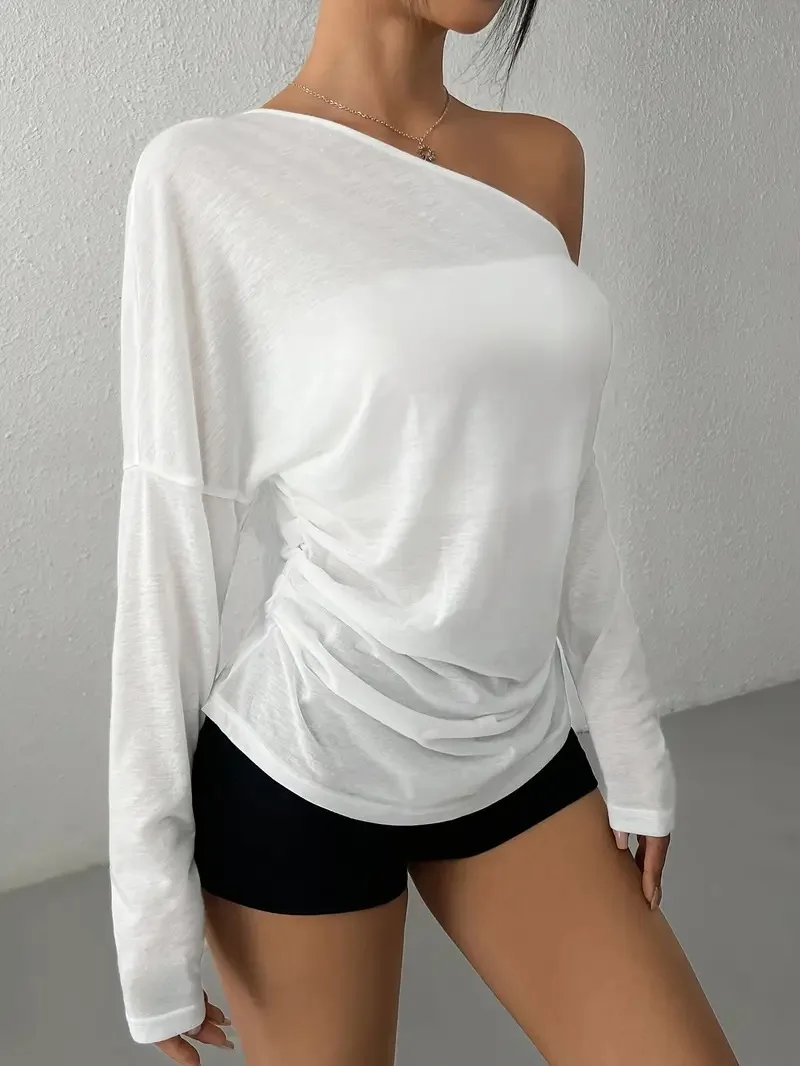 Cross-border  Color Diagonal Collar T-shirt Fashionable and Elegant Long-sleeved Top Autumn and Winter with Women's Cw10672