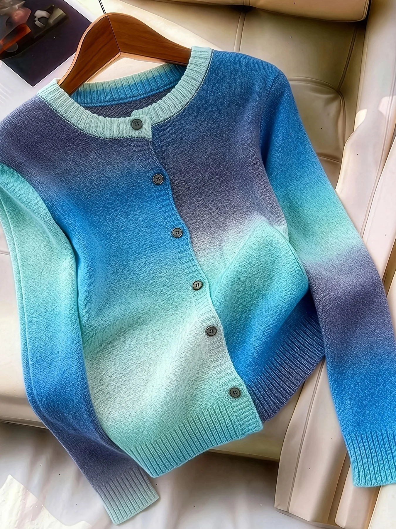 Irregular Gradient Crew Neck Knit Cardigan, Thin Soft Women Sweater for Spring & Autumn, Elegant Casual Fashion Lady Knitwear, N