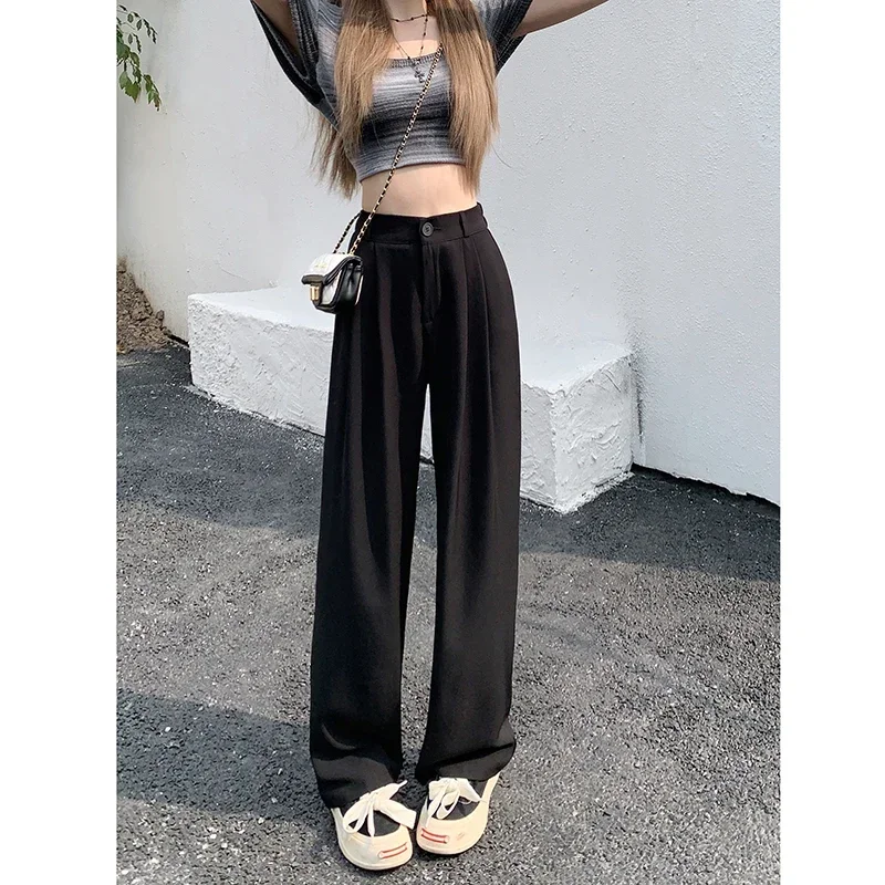 Casual Solid Suits Pants Women High Waist Loose Wide Leg Ladies Straight Long Trousers Spring Autumn New Simple Female Bottoms