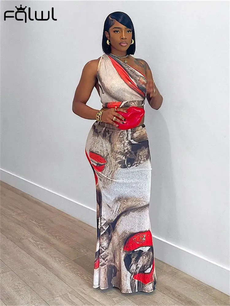 

Habbris Fashion 3D Lip Print 2 Two Piece Skirt Set Vintage Party Clothing For Women 2023 Sexy Sleeveless Skew Collar Skirt Sets